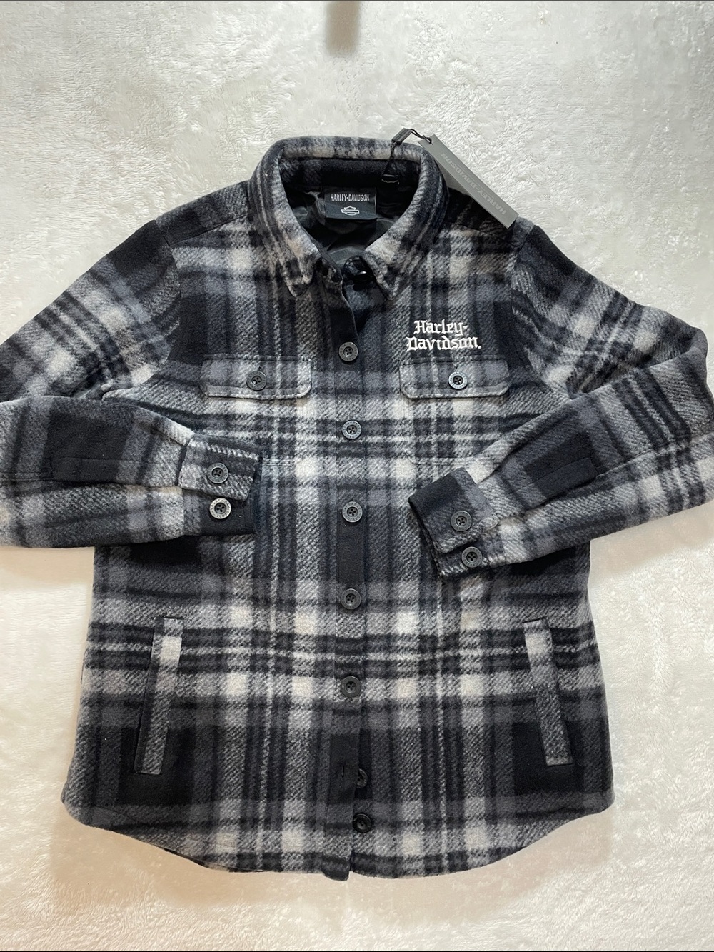 NWT Harley-Davidson Black Gray Plaid Button-Up Shirt Jacket Med NEW Embroidered